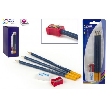 BLISTER 3 CRAYONS + TAILLE CRAYON + GOMME ( 48 PIECES)
