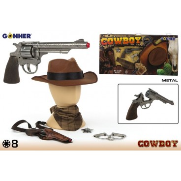 SET COW-BOY - REVOLVER 8 TYRS + CHAPEAU ( 6 PIECES)