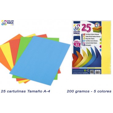 PACK 25 FEUILLES PAPIER BRISTOL A4 200GR - 5 COULEURS ( 40 PIECES)