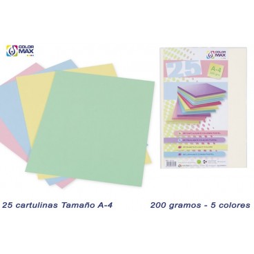 PACK 25 FEUILLES PAPIER BRISTOL A4 200GR - 5 COULEURS PÂLE ( 24 PIECES)