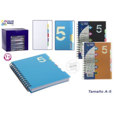 CARNET DE NOTES A5 COUVERCLE PVC - 5 INTERCALAIRES - 3 ASS ( 22 PIECES)