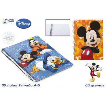 CAHIER SCOLAIRE A5 60F 60G CARRÉ 4MM COUVECLE BASIQUE MICKEY ( 100 PIECES)