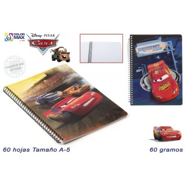 CAHIER SCOLAIRE A5 60F 60G CARRÉ 4MM COUVERCL BASIQUE - CARS ( 100 PIECES)