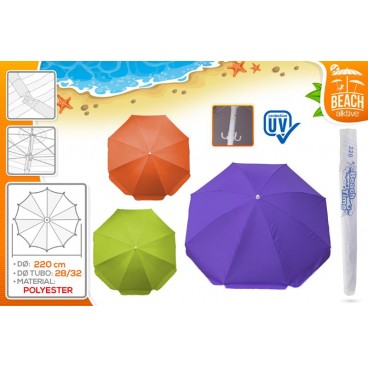 PARASOL D220CM - TUBE 28/32 - POLYESTER LISSE PROTEC UV 3ASS ( 6 PIECES)