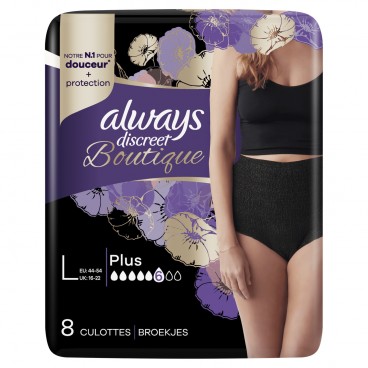 ALWAYS DISCREET BOUTIQUE CULOTTE FUITE URINAIRE L  NOIRE paquet de 8[1 CRT DE 2 PAQ] KLL 8001841622446