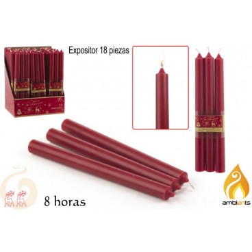 PACK 3 BOUGIES 25 CM ROUGE - DISPLAY 18 ( 36 PIECES)