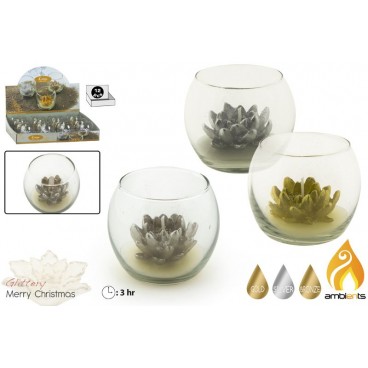 BOUGIE FLEUR NOËL DANS VERRE - 3 ASS - DISP 12 ( 24 PIECES)