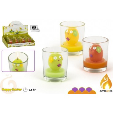BOUGIE POUSSIN VERRE - 3 ASS - DISP 12 ( 24 PIECES)