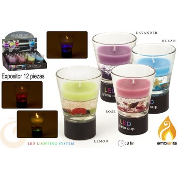 BOUGIE PARFUM AVEC LED CHANGE DE COULEUR DANS VERRE - DISP12 ( 24 PIECES)