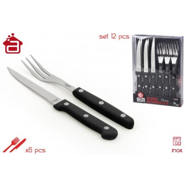 SET 12 PCS COUTEAU ET FOURCHETTE VIANDE - MANCHE NOIR - PP ( 12 PIECES)