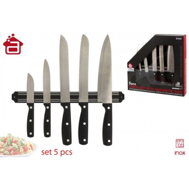 ÉTUI 5 COUTEAUX AVEC MANCHE NOIR - ABS + BARRE MAGNÉTIQUE ( 6 PIECES)